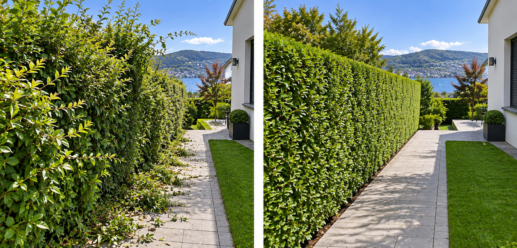 Vorher / Nachher: Hecke geschnitten